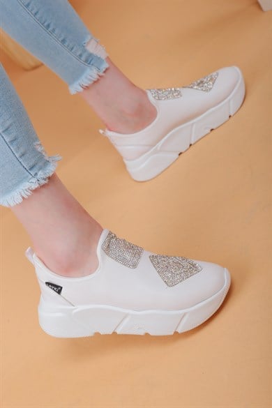 İmmobile Beyaz Renkli Önü Parlak Taşlı Paraşüt Kumaş Lux Kadın Spor Ayakkabı 