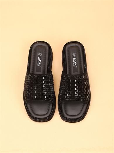 LAYKLY Taş Detaylı Parlak Yazlık Model  Platform Kadın SiyahTerlik 