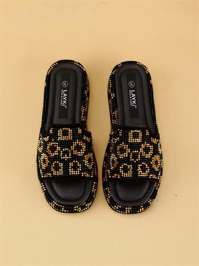 LEOVERA Kadın Taş Detaylı Leopar Desenli Terlik