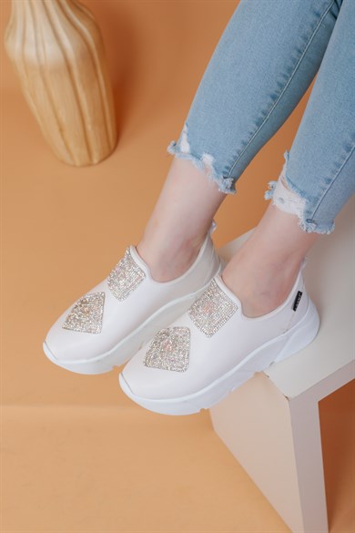 İmmobile Beyaz Renkli Önü Parlak Taşlı Paraşüt Kumaş Lux Kadın Spor Ayakkabı 