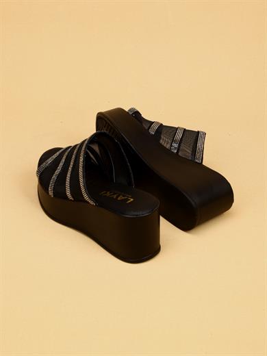 REDY Siyah File Bantlı Şık Yazlık Model Kadın Taş Detaylı Dolgu Topuk Terlik 