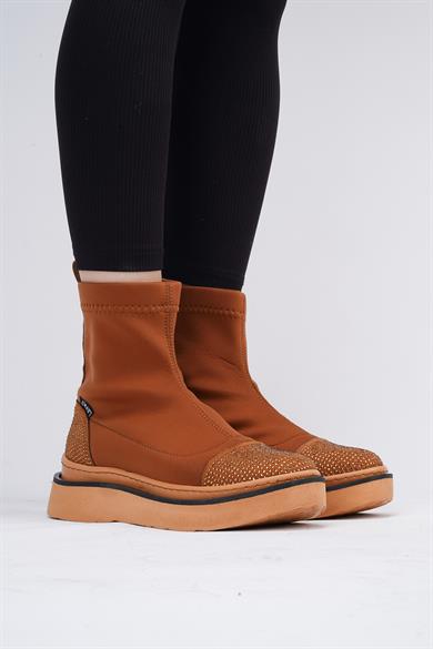 Afron Taba Renkli Taba Deri Detaylı Taşlı Kışlık Kadın Bot