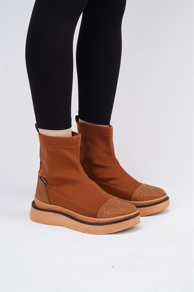 Afron Taba Renkli Taba Deri Detaylı Taşlı Kışlık Kadın Bot