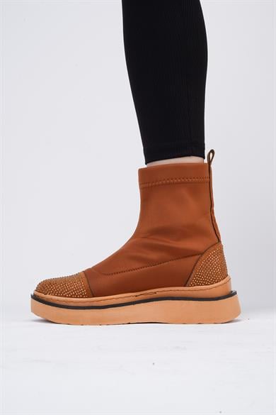 Afron Taba Renkli Taba Deri Detaylı Taşlı Kışlık Kadın Bot