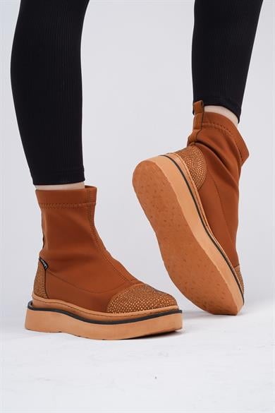 Afron Taba Renkli Taba Deri Detaylı Taşlı Kışlık Kadın Bot