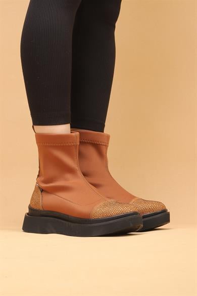 Afron Taba Renkli Taba Deri Detaylı Taşlı Siyah Taban Kışlık Kadın Bot