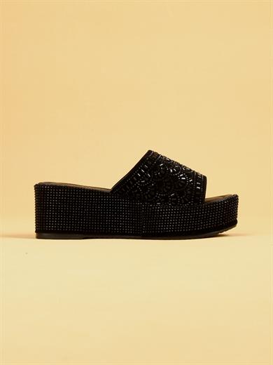 LUXLORA Işıltılı Taş Detaylı Siyah Kadın Platform Terlik
