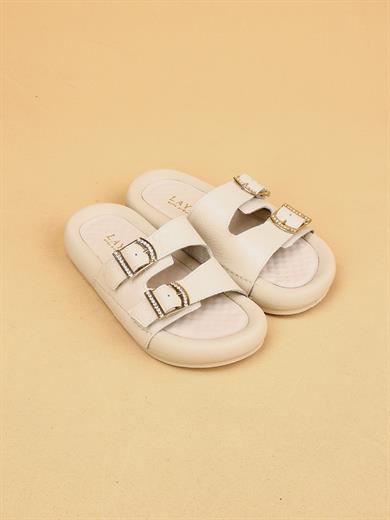 Lera Bej Renkli Hakiki Deri Tokalı Kalın Taban Lüx Terlik