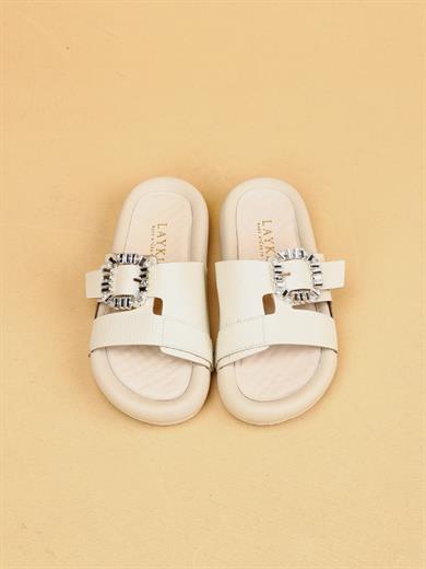 Vera Bej Renkli Hakiki Deri Tokalı Kalın Taban Lüx Terlik