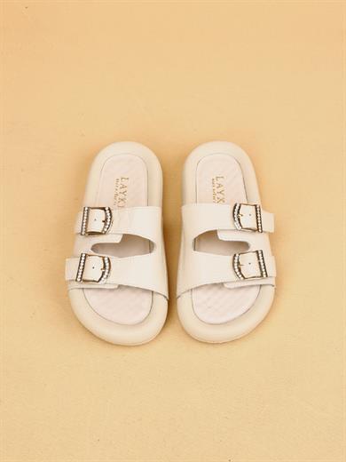 Lera Bej Renkli Hakiki Deri Tokalı Kalın Taban Lüx Terlik