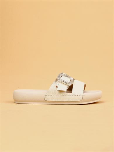 Vera Bej Renkli Hakiki Deri Tokalı Kalın Taban Lüx Terlik