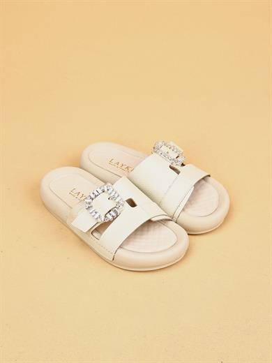 Vera Bej Renkli Hakiki Deri Tokalı Kalın Taban Lüx Terlik