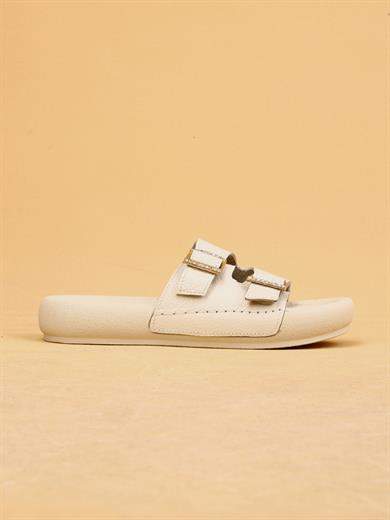 Lera Bej Renkli Hakiki Deri Tokalı Kalın Taban Lüx Terlik