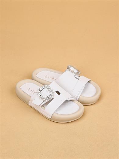 Vera Beyaz Renkli Hakiki Deri Tokalı Kalın Taban Lüx Terlik