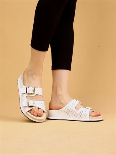 Sierra Beyaz Renkli Hakiki Deri Tokalı Kalın Taban Lüx Terlik