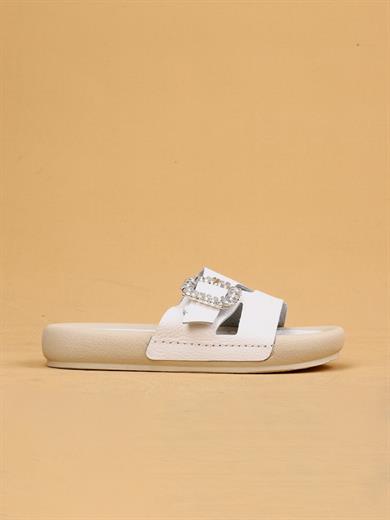 Vera Beyaz Renkli Hakiki Deri Tokalı Kalın Taban Lüx Terlik