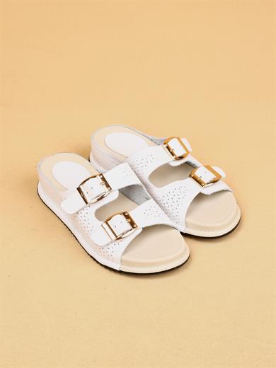 Sierra Beyaz Renkli Hakiki Deri Tokalı Kalın Taban Lüx Terlik