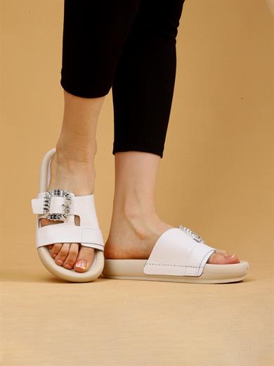 Vera Beyaz Renkli Hakiki Deri Tokalı Kalın Taban Lüx Terlik