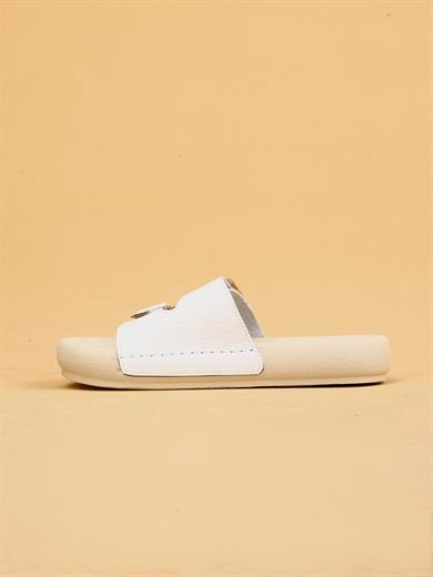 Lera Beyaz Renkli Hakiki Deri Tokalı Kalın Taban Lüx Terlik