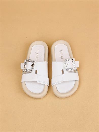 Vera Beyaz Renkli Hakiki Deri Tokalı Kalın Taban Lüx Terlik