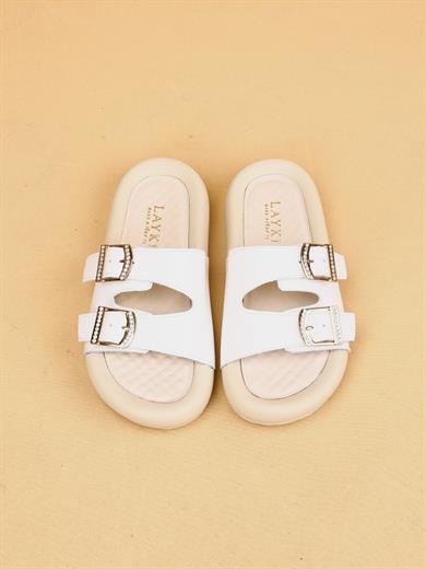 Lera Beyaz Renkli Hakiki Deri Tokalı Kalın Taban Lüx Terlik