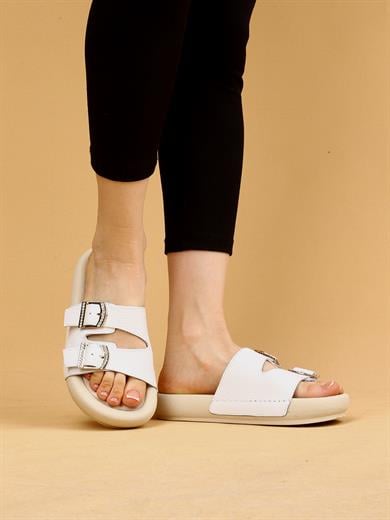 Lera Beyaz Renkli Hakiki Deri Tokalı Kalın Taban Lüx Terlik