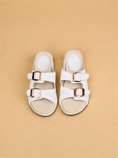 Sierra Beyaz Renkli Hakiki Deri Tokalı Kalın Taban Lüx Terlik