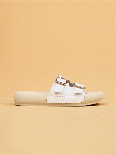 Lera Beyaz Renkli Hakiki Deri Tokalı Kalın Taban Lüx Terlik