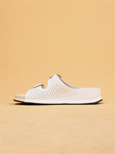 Sierra Beyaz Renkli Hakiki Deri Tokalı Kalın Taban Lüx Terlik