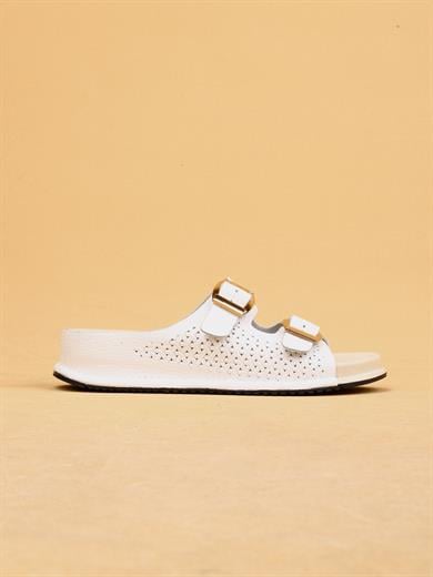 Sierra Beyaz Renkli Hakiki Deri Tokalı Kalın Taban Lüx Terlik