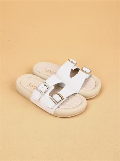 Lera Beyaz Renkli Hakiki Deri Tokalı Kalın Taban Lüx Terlik