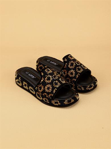 LEOVERA Kadın Taş Detaylı Leopar Desenli Terlik