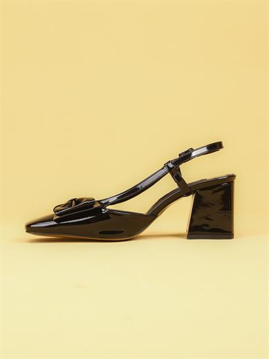 LUNARA Kadın Siyah Rugan Topuklu Slingback Ayakkabı Fiyonklu