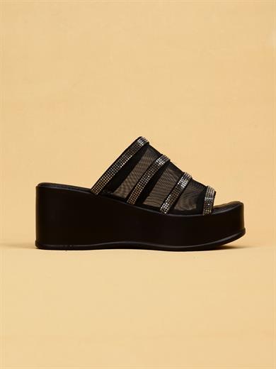 REDY Siyah File Bantlı Şık Yazlık Model Kadın Taş Detaylı Dolgu Topuk Terlik 