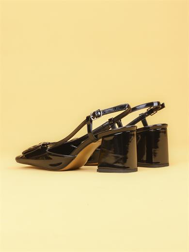 LUNARA Kadın Siyah Rugan Topuklu Slingback Ayakkabı Fiyonklu
