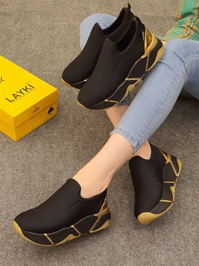 Lussi Siyah - Gold Renkli Taban Paraşüt Kumaş Lux Kadın Spor Ayakkabı 