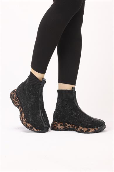 Ferna Siyah Leopar Raş Deri Taşlı Desenli Kışlık Bot