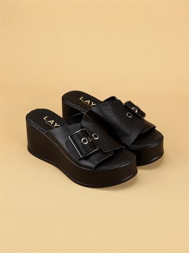 SERVY Tokalı Siyah Platform Topuk Kadın Terlik