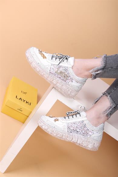 Astra Taşlı Desenli Şeffaf Taban Beyaz Renkli Kadın Sneaker