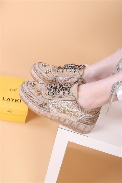 Astra Taşlı Desenli Şeffaf Taban Bej Renkli Kadın Sneaker