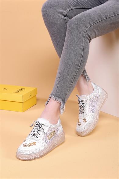 Astra Taşlı Desenli Şeffaf Taban Beyaz Renkli Kadın Sneaker