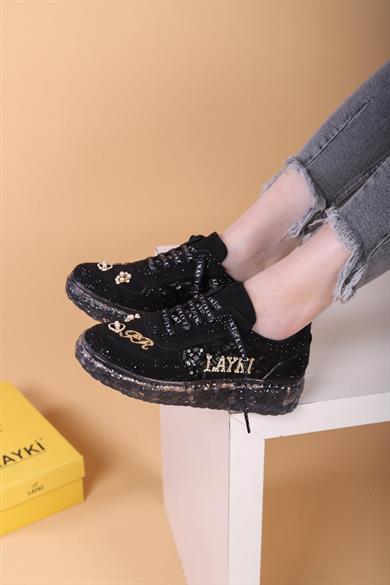 Astra Taşlı Desenli Şeffaf Taban Siyah Renkli Kadın Sneaker