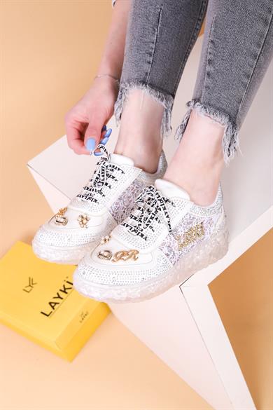 Astra Taşlı Desenli Şeffaf Taban Beyaz Renkli Kadın Sneaker