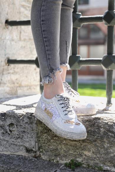 Astra Taşlı Desenli Şeffaf Taban Beyaz Renkli Kadın Sneaker