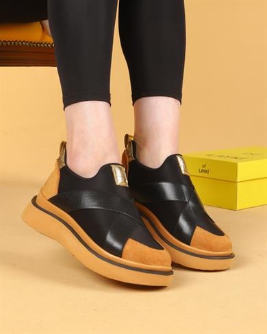 Nesica Siyah Ve Taba Renkli Lastikli Paraşüt Kumaş Yürüyüş Ayakkabısı