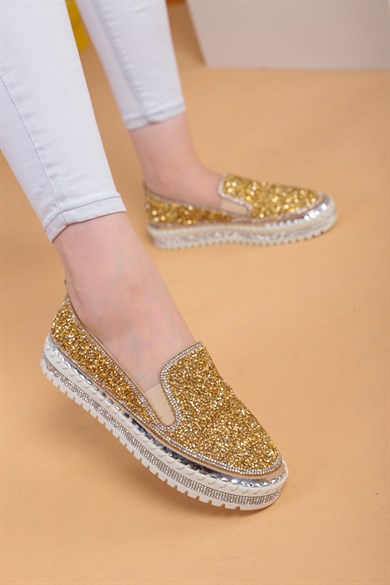 Sameano Altın Renk Taşlı Kadın Klasik Ayakkabı