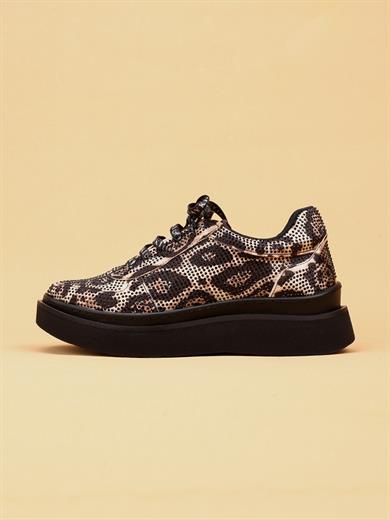 Nara Leopar Desenli Taşlı Kadın Siyah  Yürüyüş Ayakkabı