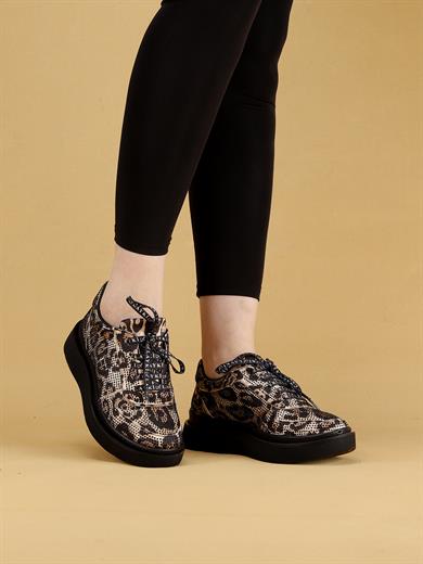 Nara Leopar Desenli Taşlı Kadın Siyah  Yürüyüş Ayakkabı