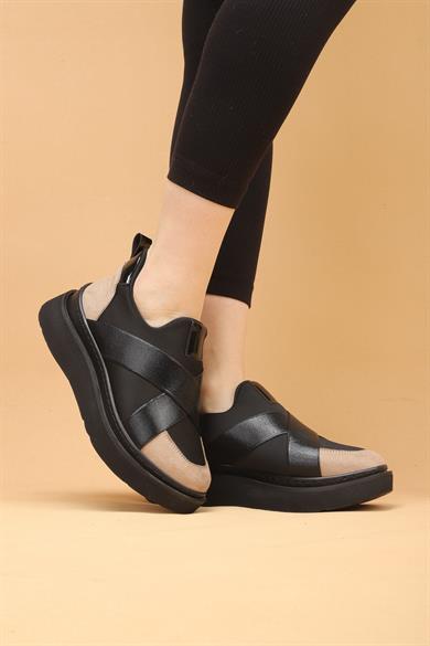 Nesica Siyah-Bej Renkli Süet Deri Lastikli Paraşüt kumaş Yürüyüş Ayakkabı