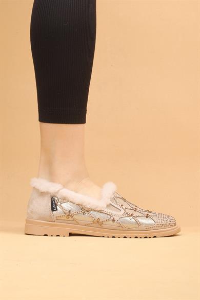 Selaro Bej Renkli Taşlı Desenli İçi Kürklü Kışlık Günlük Ayakkabı